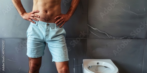 A man in blue shorts is standing with his hands on his hips in front of a toilet. AIG51A. photo