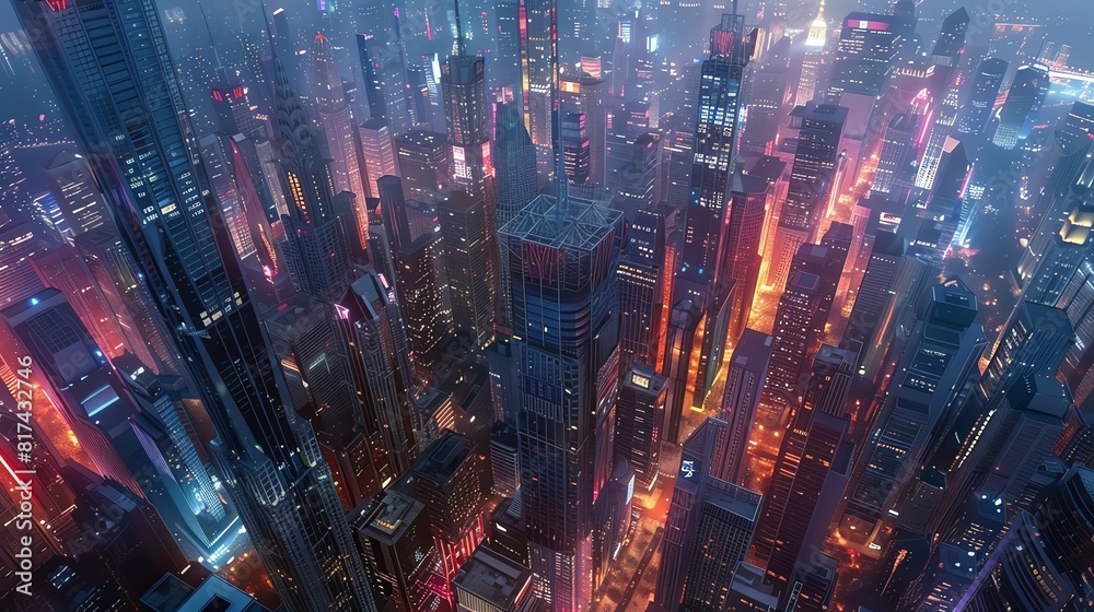 Capture the vibrant cityscape at twilight in a mesmerizing aerial view using a blend of CG 3D and photorealistic techniques Illuminate the skyscrapers with dazzling lights for a captivating urban mast