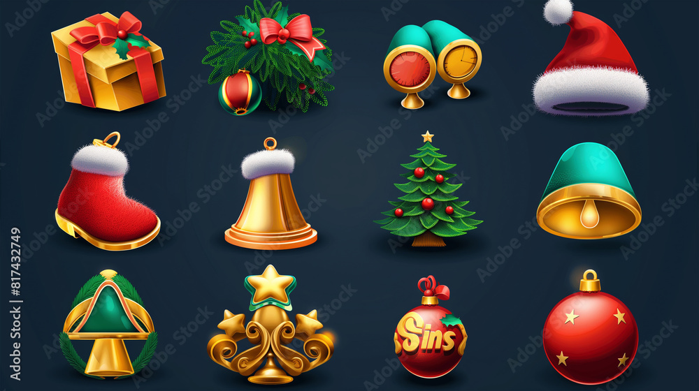Christmas icon set for slot game on dark background, Illustration Christmas icon set for slot game on dark background, Illustration