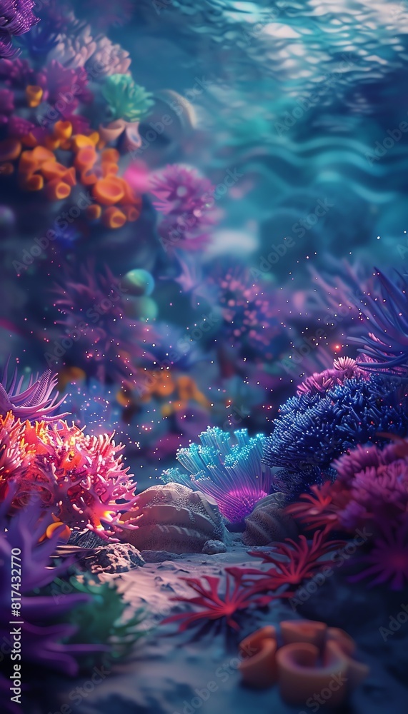 Illustrate a vibrant, luminous underwater world teeming with bioluminescent sea creatures, seen from a worms-eye view, evoking a sense of wonder and enchantment Illustrate a vibrant, luminous underwater world teeming with bioluminescent sea creatures, seen from a worms-eye view, evoking a sense of wonder and enchantment