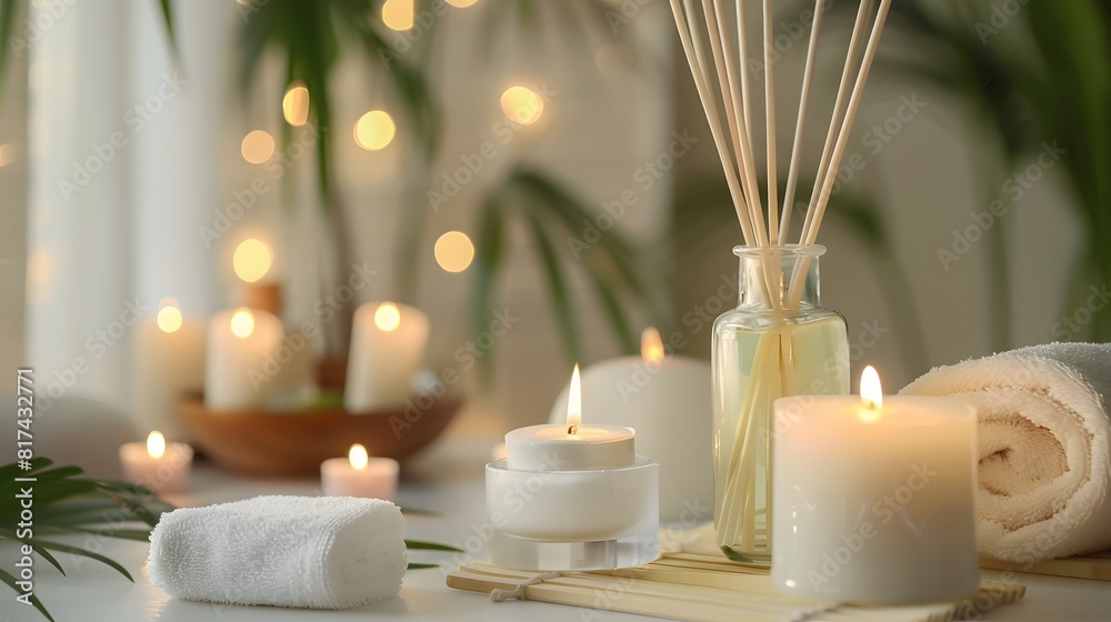 Burning candles and aromatic reed freshener on table in spa salon, space for text Burning candles and aromatic reed freshener on table in spa salon, space for text