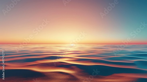 Produce a striking wide-angle view of a tropical beach at sunset, featuring a seamless gradient of golden sands merging into the rich hues of the ocean, executed with photorealistic precision for a ca photo