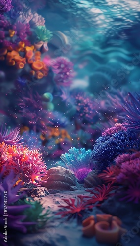 Illustrate a vibrant, luminous underwater world teeming with bioluminescent sea creatures, seen from a worms-eye view, evoking a sense of wonder and enchantment
