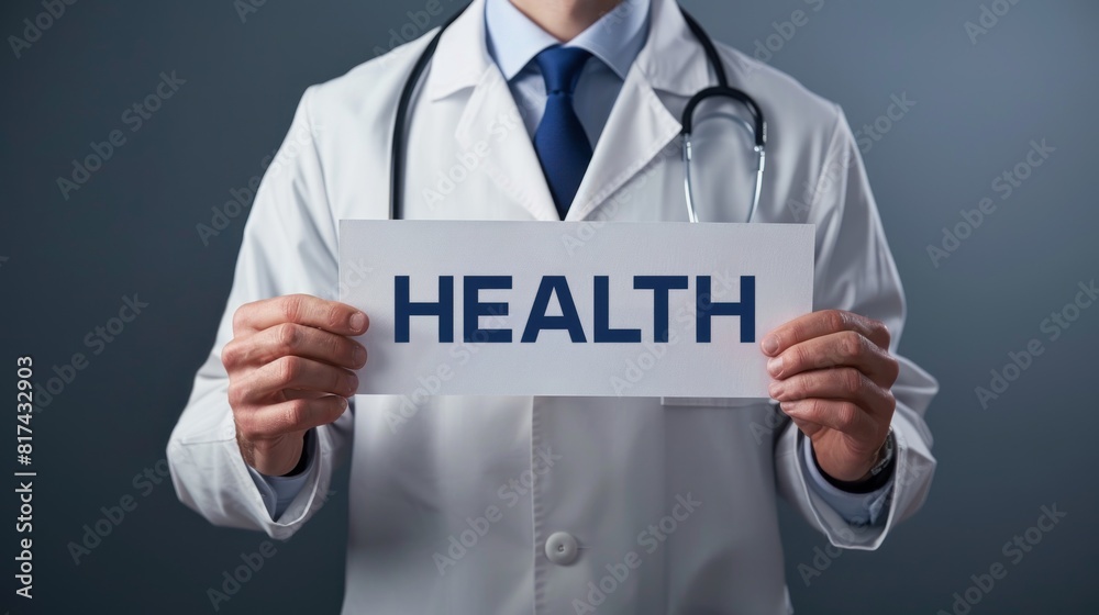 Doctor holding sign emphasizing importance of health care Doctor holding sign emphasizing importance of health care