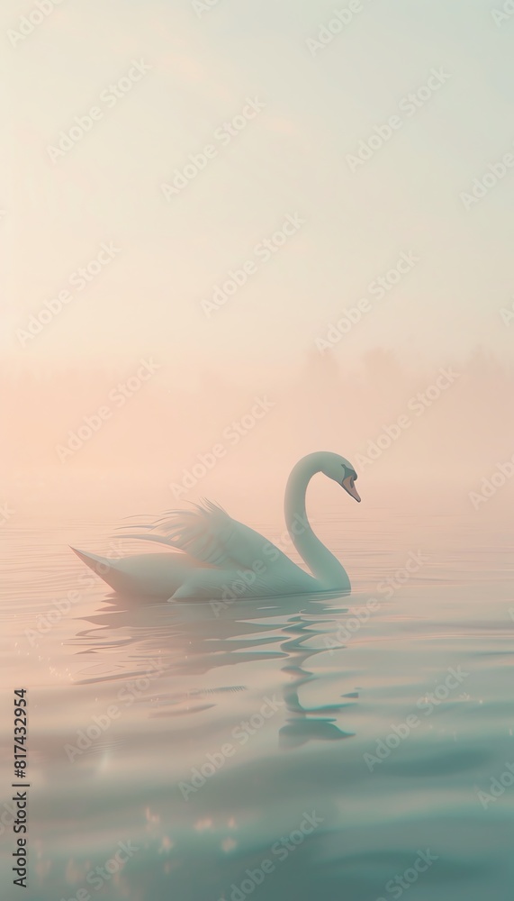 Fototapeta premium Craft a close-up shot of a swan gliding gracefully on a tranquil lake, capturing the subtle ripples in the water and the fine details of its feathery plumage Enhance the image with a photorealistic ap