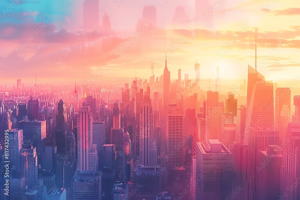 Craft a captivating long shot of a bustling cityscape at sunrise, capturing vivid hues reflecting off skyscrapers in a stunning watercolor style Craft a captivating long shot of a bustling cityscape at sunrise, capturing vivid hues reflecting off skyscrapers in a stunning watercolor style