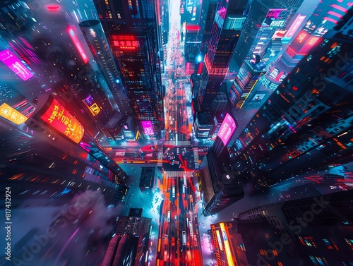 Render a top-down perspective of a bustling metropolis at night, focusing on neon-lit streets, illuminated high-rises, and glowing traffic trails to evoke a vivid, cyberpunk atmosphere Employ digital