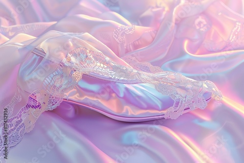 Illustrate a graceful ballet slipper in a close-up shot, highlighting its intricate lace patterns and satin sheen using traditional oil painting techniques to convey a sense of timeless beauty and sop