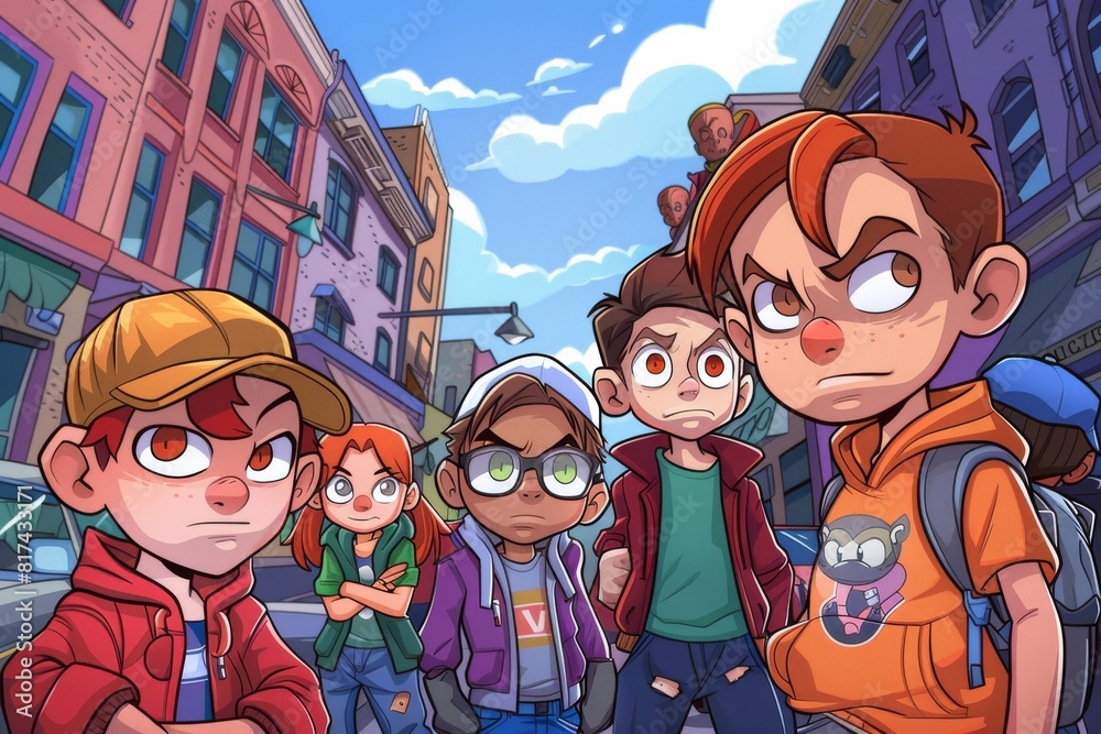 Group of kids in the city. Vector illustration in cartoon style. Group of kids in the city. Vector illustration in cartoon style.