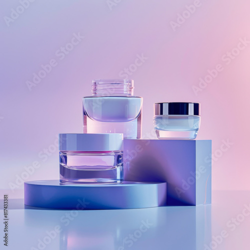 Elegant Skincare Cream Jars Displayed on Pastel Blue and Pink Blocks