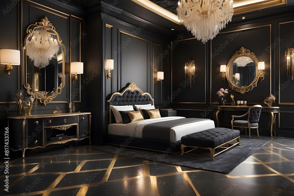 Royal luxury bedroom interior design, modern black and golden interior design, luxurious bedroom design of a king palace, photo realistic background Royal luxury bedroom interior design, modern black and golden interior design, luxurious bedroom design of a king palace, photo realistic background