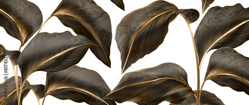 Black and white botanical art background with tropical leaves in golden line style. Vector banner with exotic plants for decoration, print, wallpaper, interior design, poster, packaging.