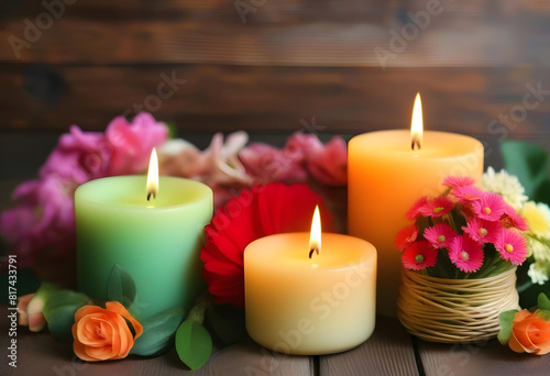 A candles and flowers on a wooden background