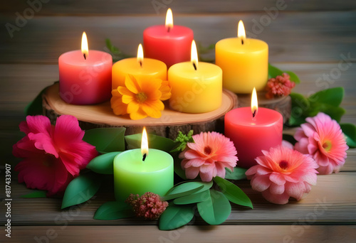 A flat lay of candles and flowers on a wooden background