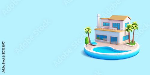 3D realistic villa, house with pool, and palm trees. Banner for recreation, vacation, weekend, and summer advertising concepts. Advertising for real estate listings and sales. Vector illustration