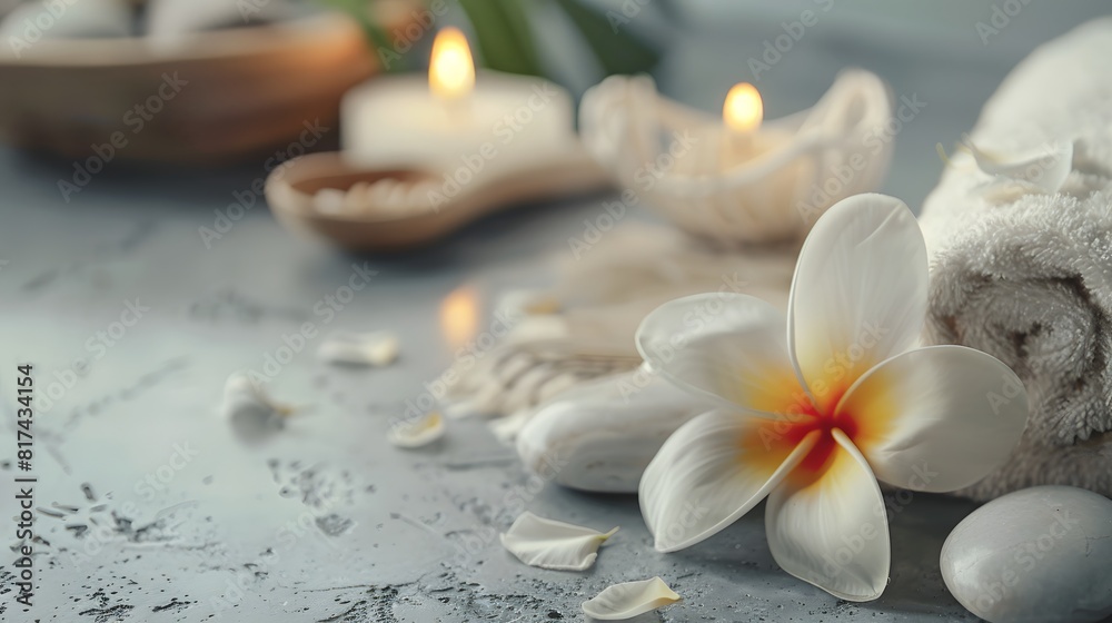 Close up view of spa theme objects on grey background