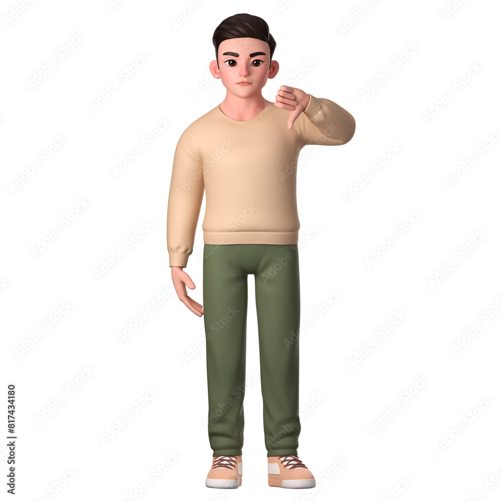 Fototapeta premium Man character showing thumbs down with his left hand, 3D Character Illustration.
