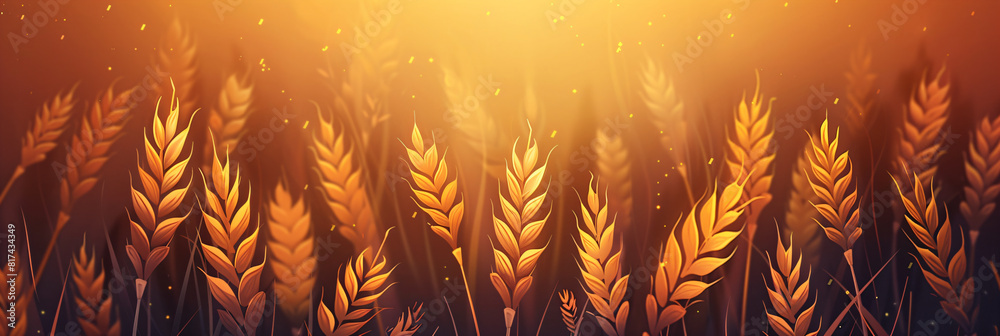 Yellow wheat ears on bright orange background. Autumn or summer field with golden barley harvest. Happy Shavuot concept. Jewish holiday. Banner, poster or greeting card with copy space Yellow wheat ears on bright orange background. Autumn or summer field with golden barley harvest. Happy Shavuot concept. Jewish holiday. Banner, poster or greeting card with copy space