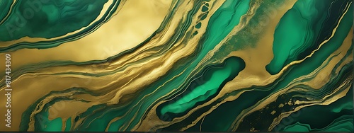 Background green gold abstract texture marble pattern liquid ink paint. Dark background green gold luxury stone wallpaper golden watercolor foil agate black art design emerald color fluid water moder	 photo