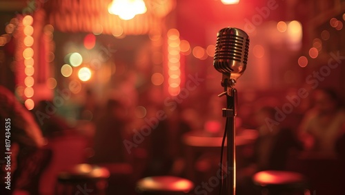 Photo of a microphone on stage with an audience in the background, capturing comedy club photography. Web banner with empty space on the right.