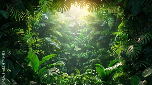 A dense jungle scene with a ray of light piercing through the canopy  illuminating the foliage below