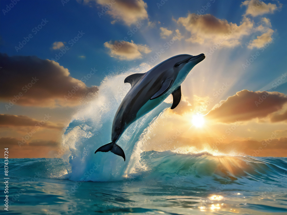 Fototapeta premium Dolphin jumping with sunset