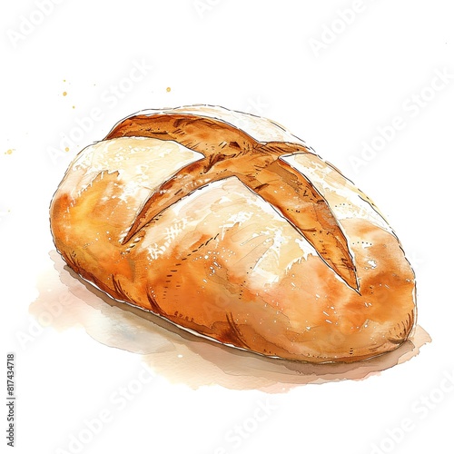 A watercolor painting of a loaf of bread. The bread is golden brown and has a crispy crust. It is sitting on a white background. photo