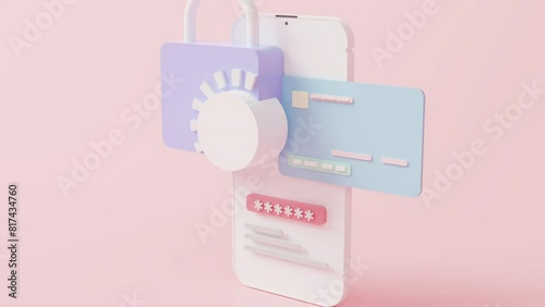 Minimal 3D rendering credit card money financial security for online shopping, online payment with payment protection. 3d icon mobile smartphone password security. money finance icon illustration	
