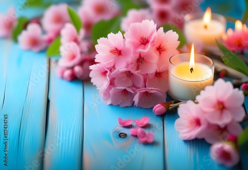 A background of pink flowers and candles on a blue wooden surface  with space for text.