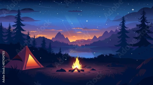 summer activities camping in the woods scene flat design front view night campfire animation Complementary Color Scheme