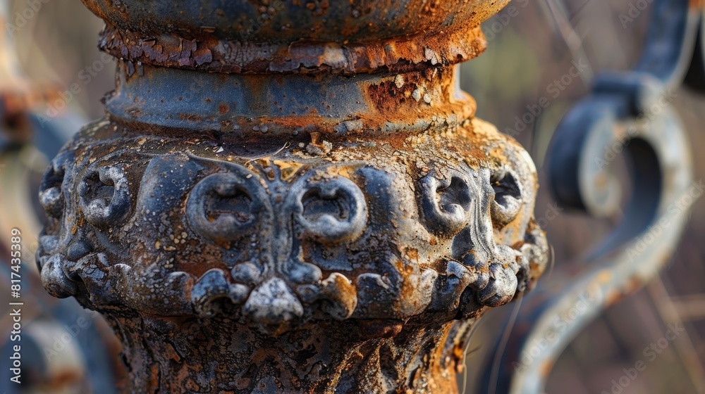 A closeup view of a rusted gas lamp with intricate details on the metal base. A closeup view of a rusted gas lamp with intricate details on the metal base.