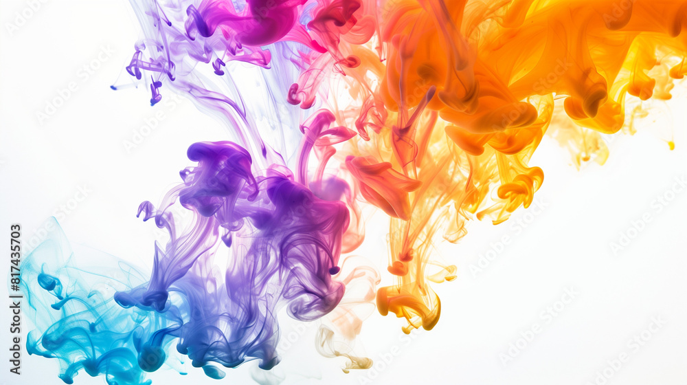 Vibrant Colorful Ink Splash on Clear White Background, Bright Colorful Ink Spray on Clear White Background