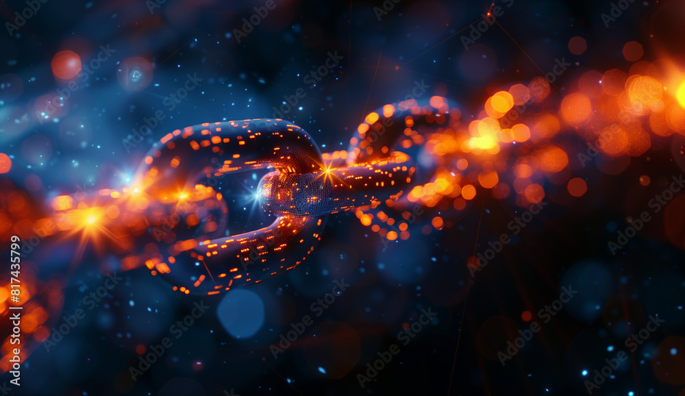 Close-up view of digital chain, showing technology and cyber security concept. The background is dark blue with an orange light effect. Close-up view of digital chain, showing technology and cyber security concept. The background is dark blue with an orange light effect.
