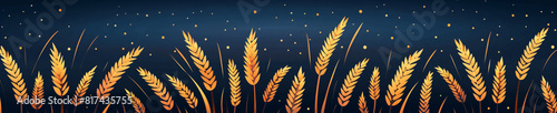 Yellow wheat ears on dark blue background. Autumn or summer field with golden barley harvest. Happy Shavuot concept. Jewish holiday. Banner, poster or greeting card with copy space