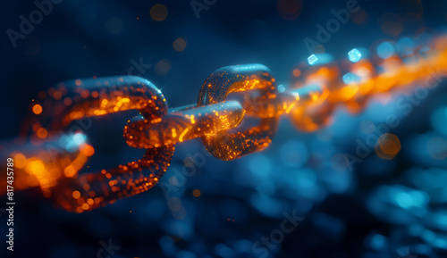 Close-up view of digital chain, showing technology and cyber security concept. The background is dark blue with an orange light effect.