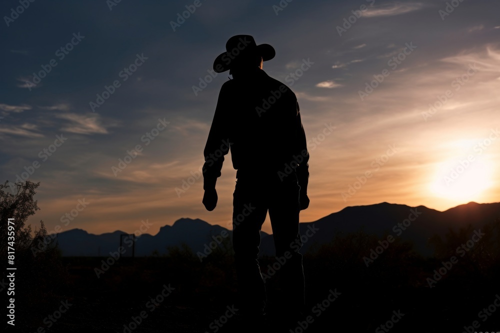 Silhouette of man in cowboy hat at dusk