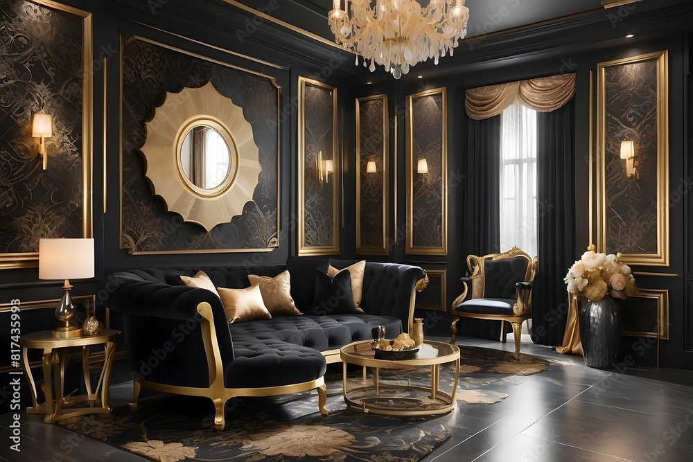 Royal luxury living room interior design, modern black and golden ...