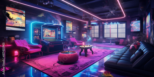 A unique gaming room with a glass floor  offering a view of an arcade below  equipped with retro and modern gaming consoles  neon lighting  and comfortable seating for gaming enthusiasts. 