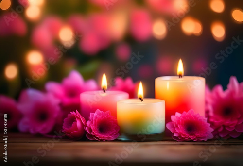 A close-up of colorful candles on a wooden table with pink flowers and bokeh lights in the background