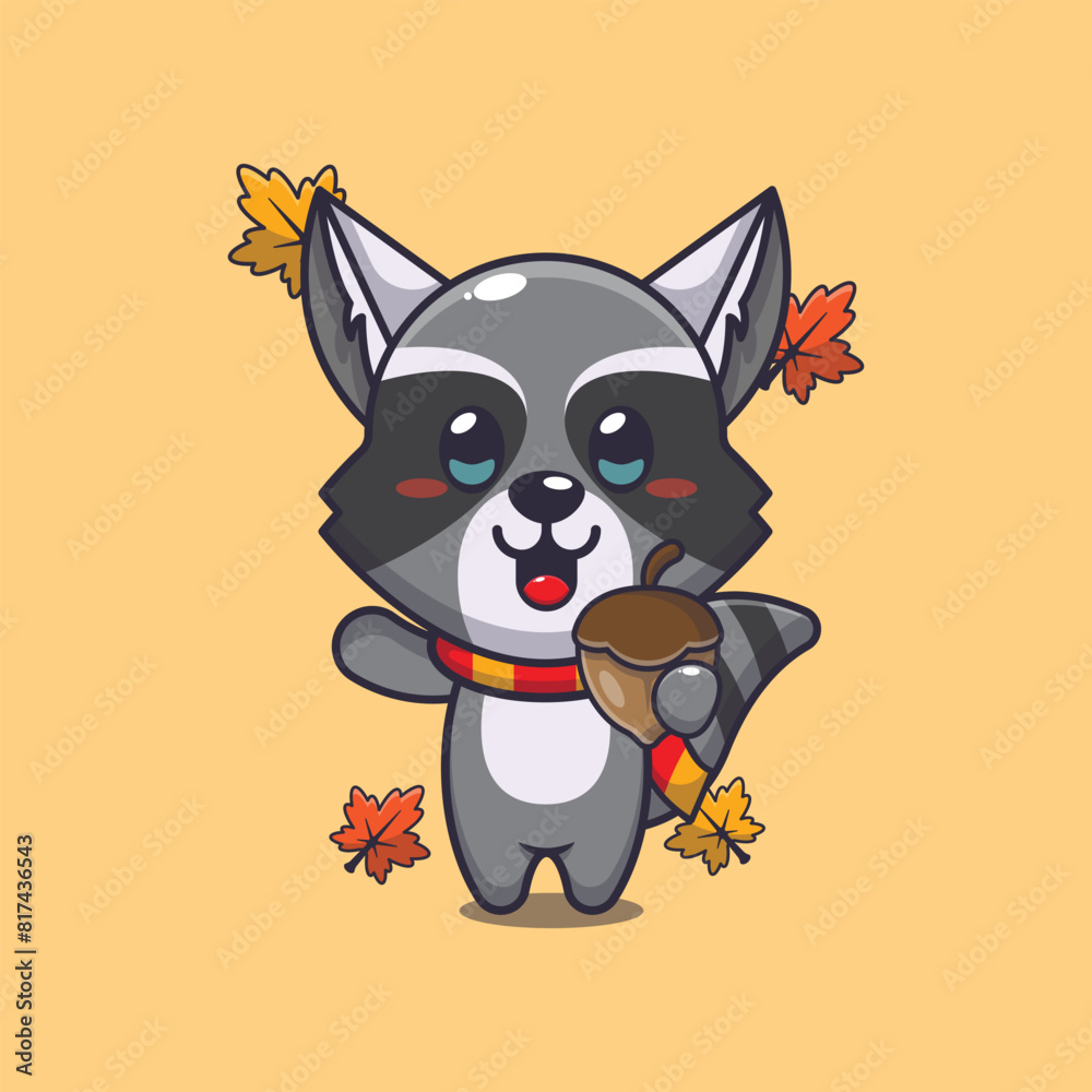 Cute raccoon with acorns at autumn season Cute raccoon with acorns at autumn season