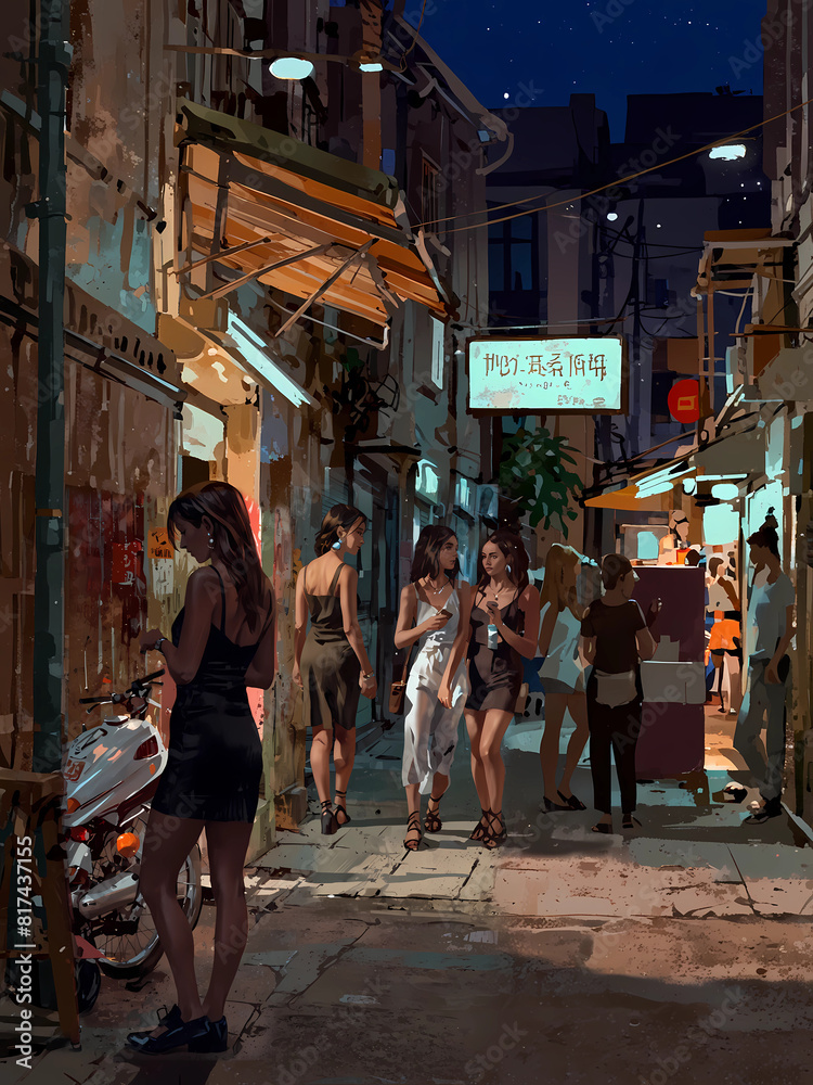 Naklejka premium nightlife in Mediterranean seacoast town