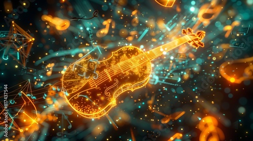 A digital symphony of glowing musical instruments and notes floating in a harmonious composition.