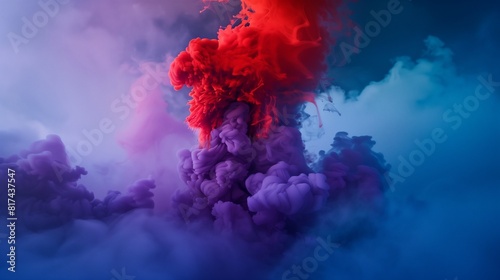 A dramatic burst of red and purple smoke rising through a deep blue fog, forming an intense abstract scene.