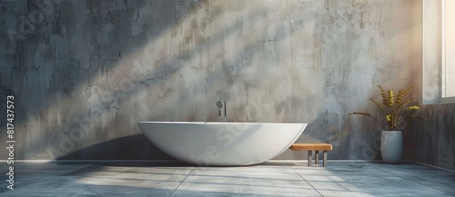 Modern bathroom interior with white bathtub and flower vase for luxury home decor and relaxation