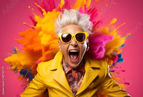 Elderly woman in yellow coat and sunglasses experiencing joy with colorful background