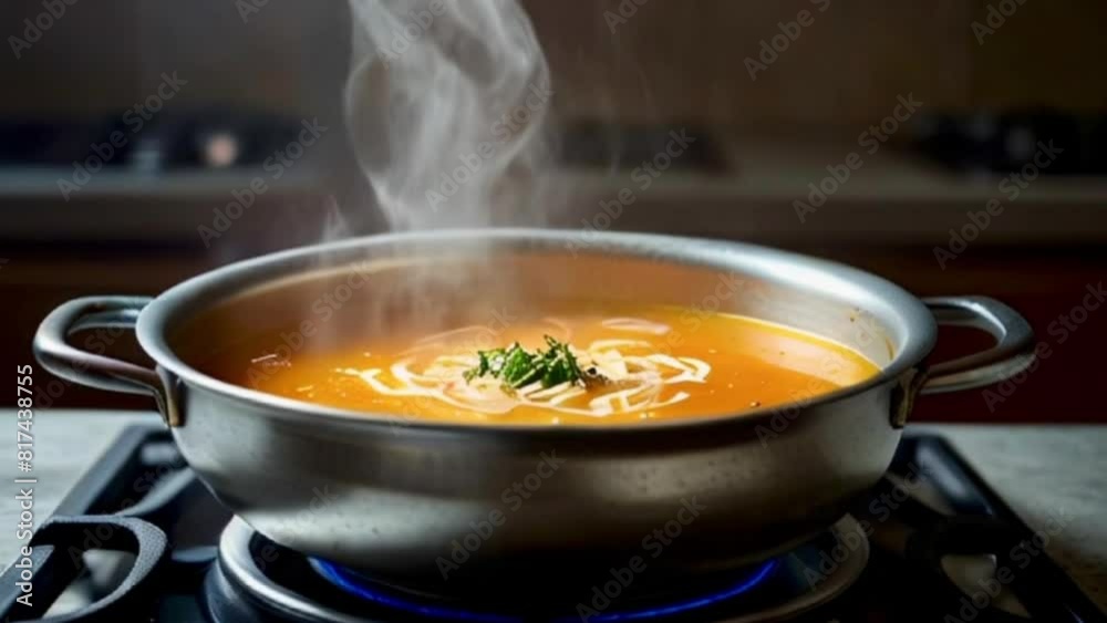 Soup cooking on the gas stove with wisps of steam and delicious smells rising above Soup cooking on the gas stove with wisps of steam and delicious smells rising above