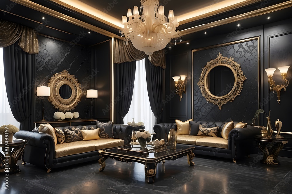 Royal luxury living room interior design, modern black and golden ...