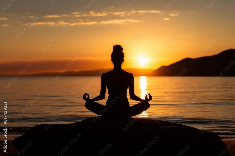 Sunset, beach and silhouette of a woman in a lotus pose while doing a yoga exercise by the sea. Peace, zen and shadow of a calm female doing meditation or pilates workout outdoor at dusk by the ocean 