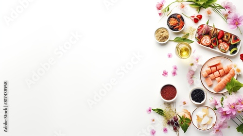 Herbs and spices over light stone background. Top view. Copy space © Iswanto