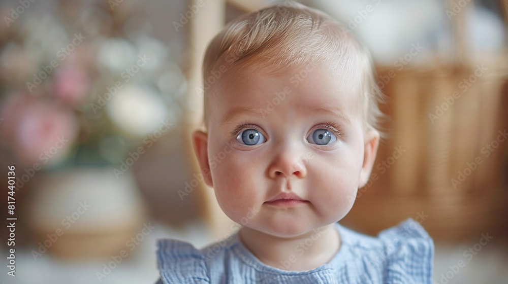 A baby with blue eyes is making direct eye contact with the camera A baby with blue eyes is making direct eye contact with the camera